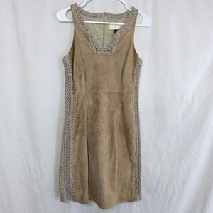 Atelier Nicole Miller Tan Faux Suede Dress Crochet Trim Sheath Womens